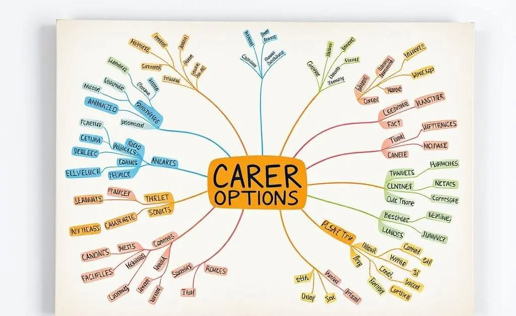 A colorful career options mind map on a canvas.