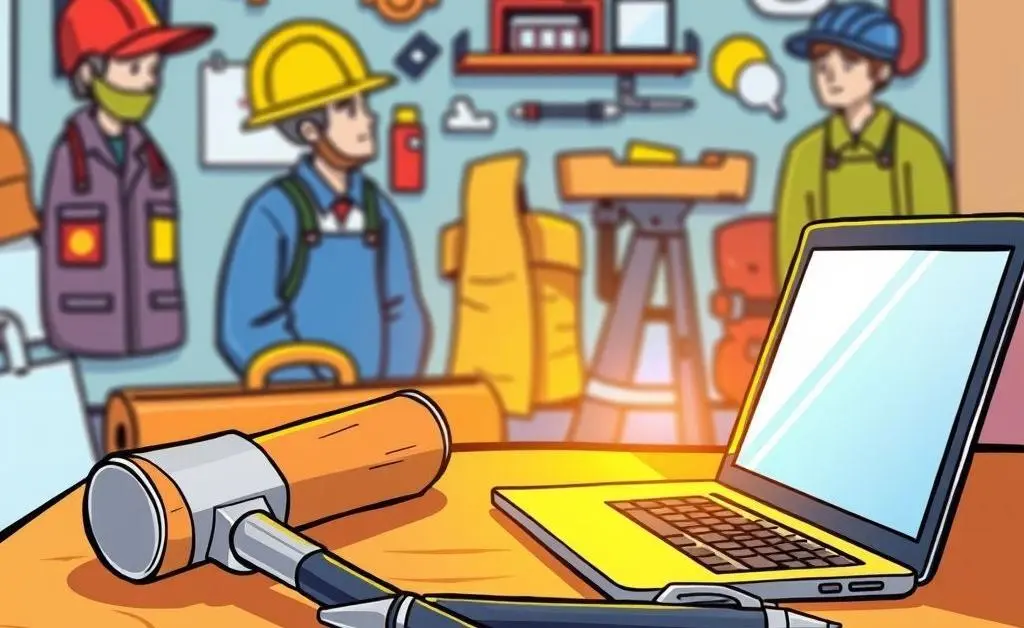 Cartoon-style depiction of various career tools like a hammer, pen, and computer on a table, representing trades and skills.
