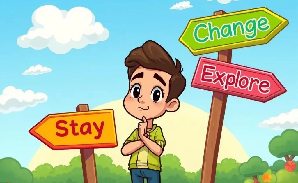 Person at a crossroad with signs reading 'Stay', 'Change', 'Explore'.