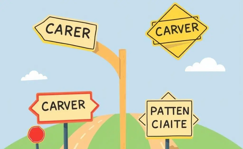 Illustration showing diverging paths with friendly road signs symbolizing different career options.
