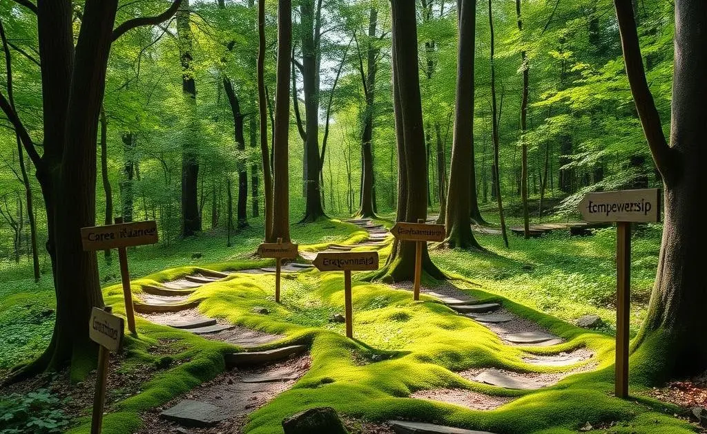 Paths diverging in a forest labeled with career options and home ownership.
