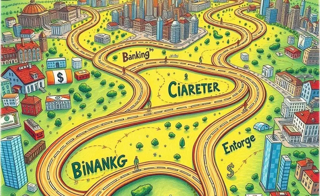 An illustrated roadmap showing different paths in the financial industry.