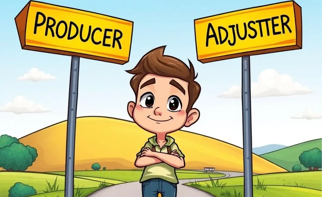 Cartoon representation of a person at crossroads with signs pointing to 'Producer' and 'Adjuster'.
