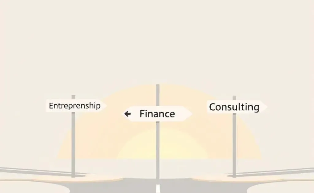 Minimalist image of a road junction with signs pointing to entrepreneurship, finance, and consulting.
