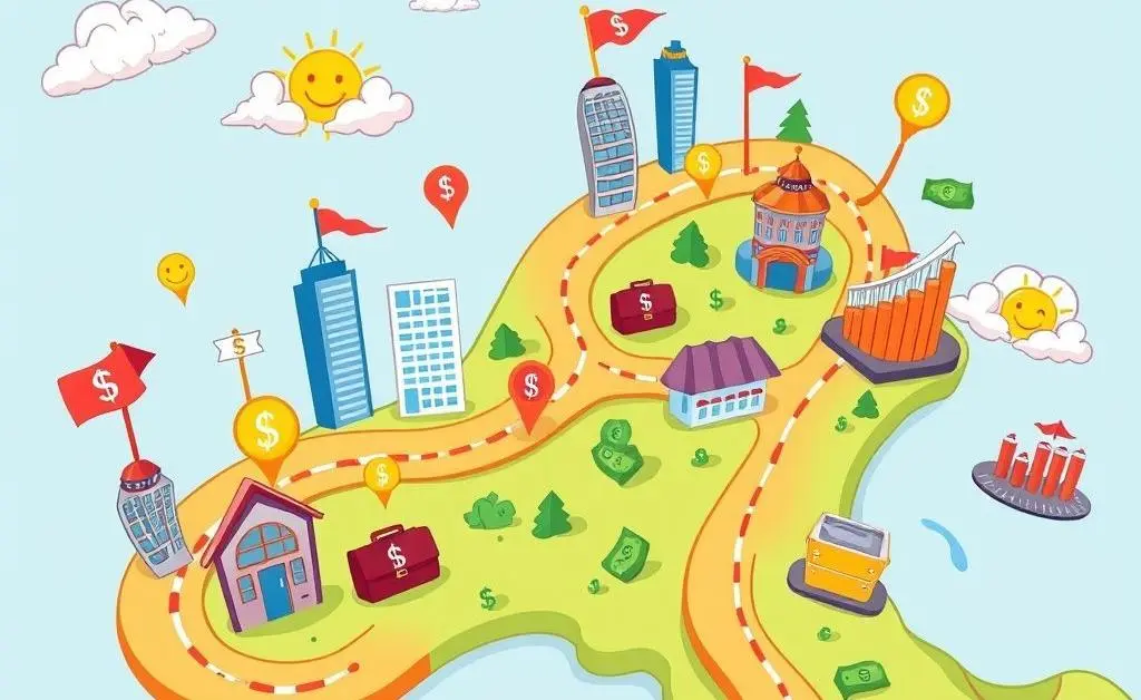 Cartoon-style map with a marked career path adorned with financial symbols.