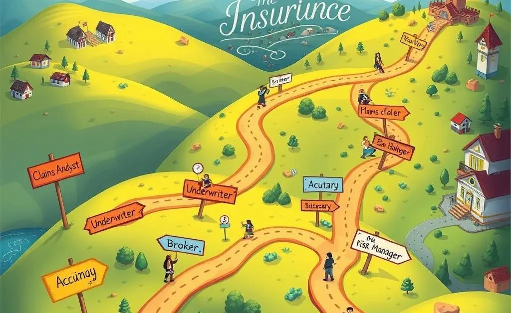 An illustrated map showing different career paths in the insurance industry.