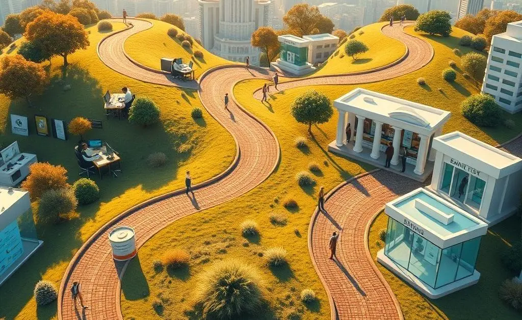 A winding path illustrating career milestones from call center to bank.