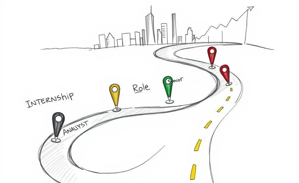 A winding career path with financial milestones labeled.