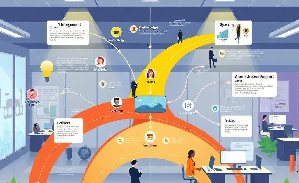 Illustration showing various career pathways in an office setting.