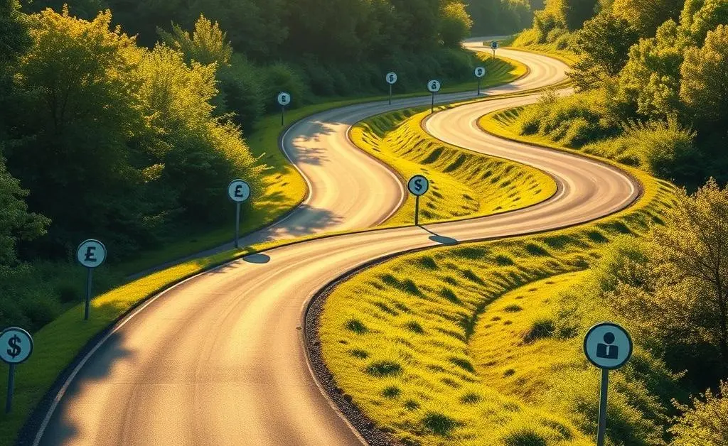 A road with multiple branching paths, symbolizing different career options in finance.