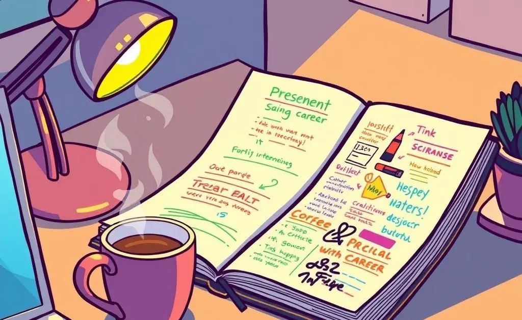 A cartoon desk with a planner and coffee representing career planning
