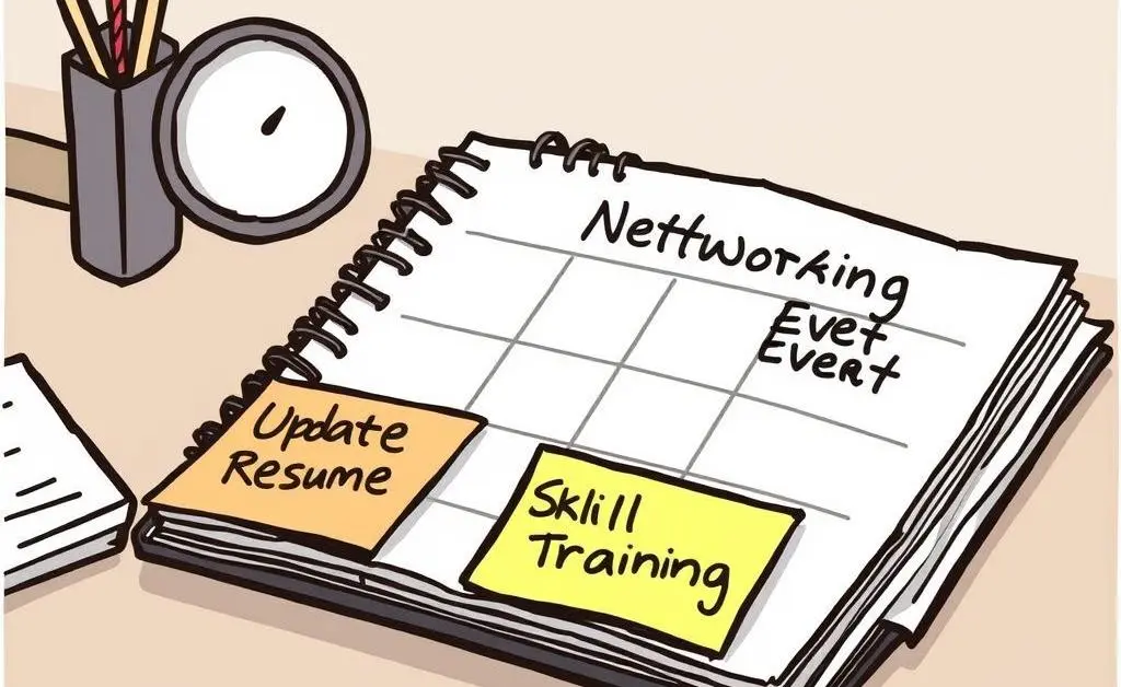 Desk with a planner listing career planning strategies