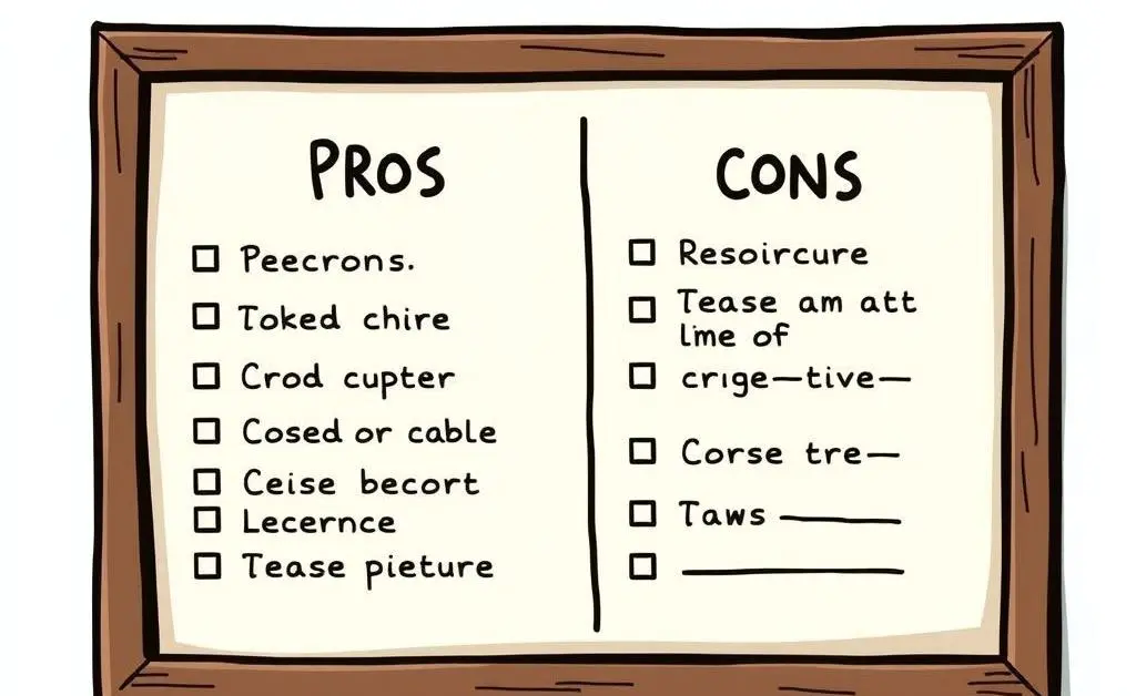 Cartoon-style image of a list with pros and cons, framed like a decision-making board.