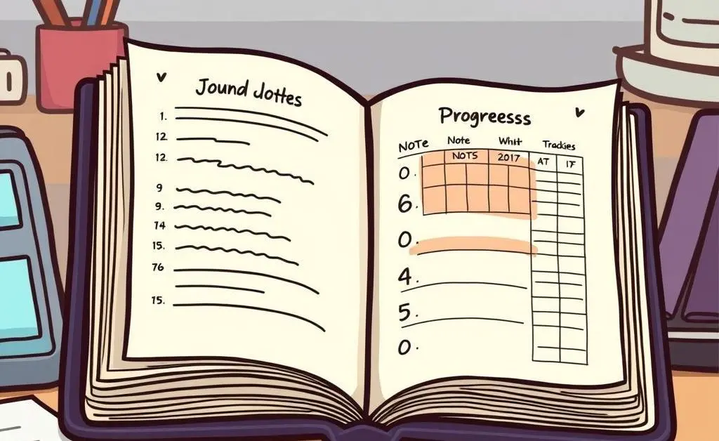 Cartoon-style image of a journal with notes and progress trackers open on a desk.
