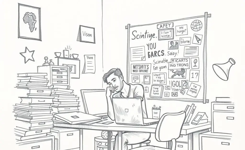 A person sitting at a desk, reflecting while looking at a vision board.