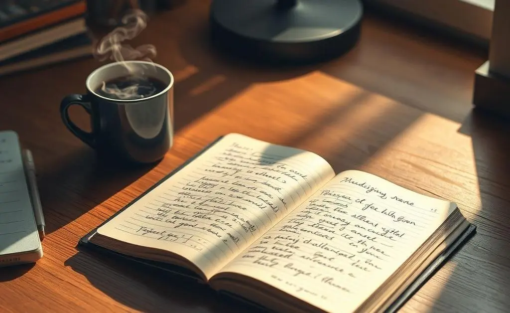 A desk with an open notebook and a cup of coffee, symbolizing career reflection.