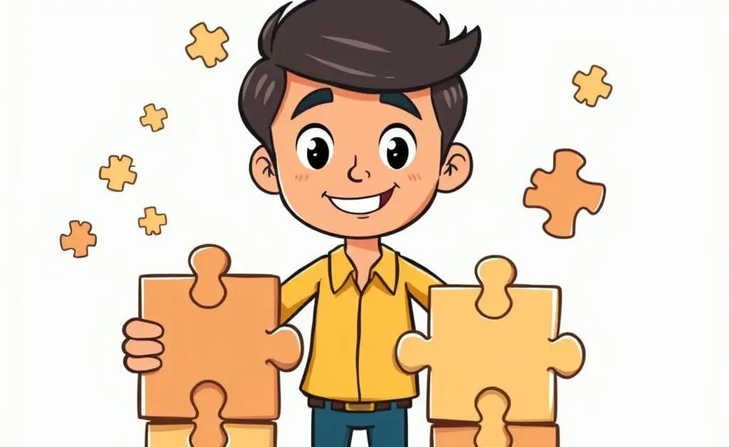 Cartoon-style image of a young professional building foundational skills with puzzle pieces