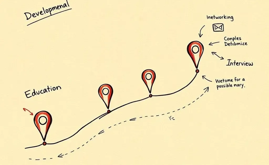 A roadmap of career steps in finance such as Education, Internship, Networking, and Interview
