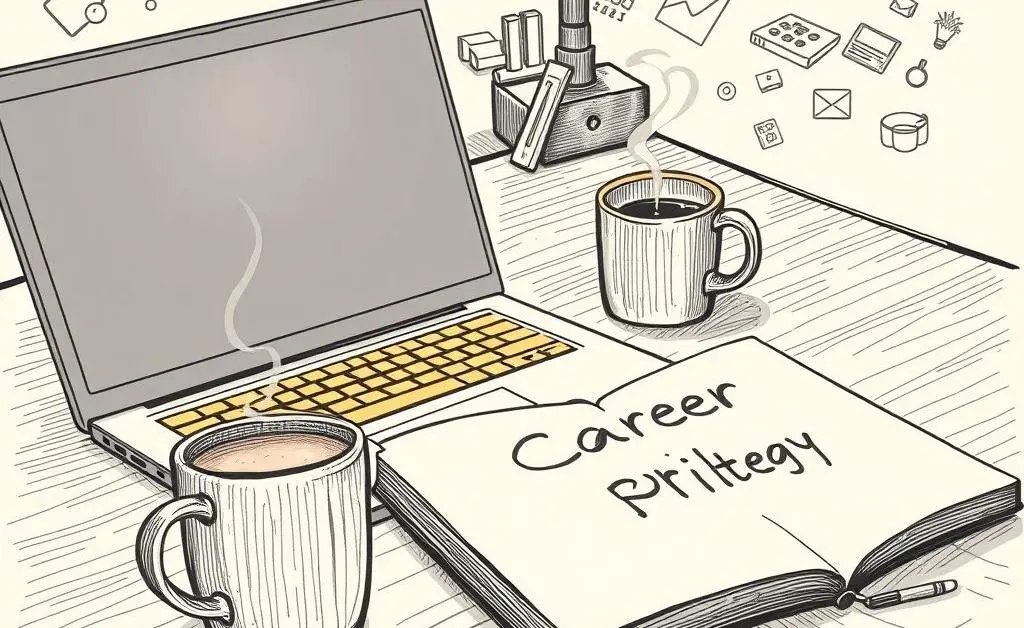 A desk with a laptop, coffee cup, and a notepad labeled 'Career Plan'