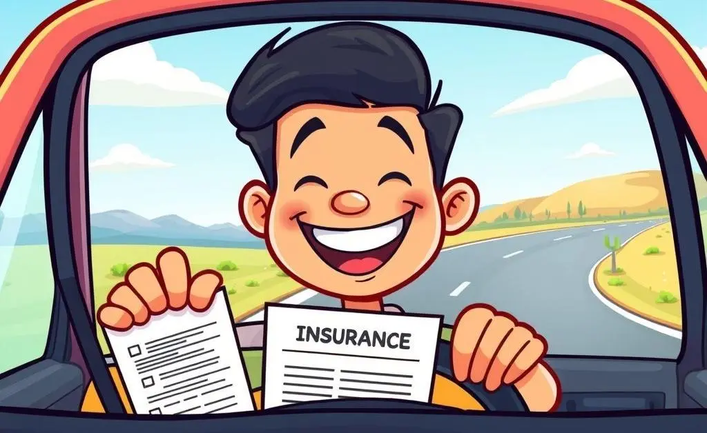 A happy driver enjoying the ride with insurance papers in the backseat.