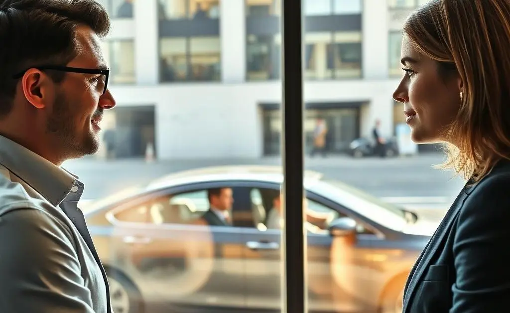 Two people in an office discussing while a car with multiple passengers is in the background.
