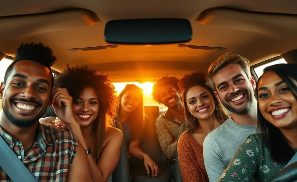 A group of diverse characters enjoying a carpool ride