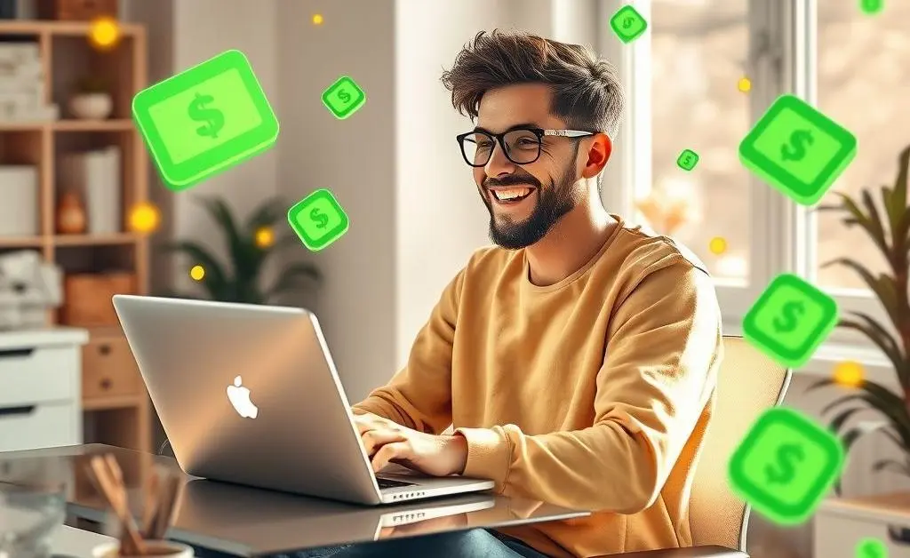 Character celebrating cash-back rewards at a desk