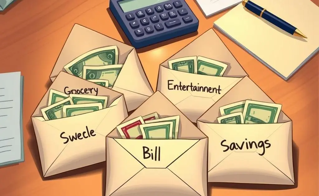Cash-stuffed envelopes labeled for different budgeting categories