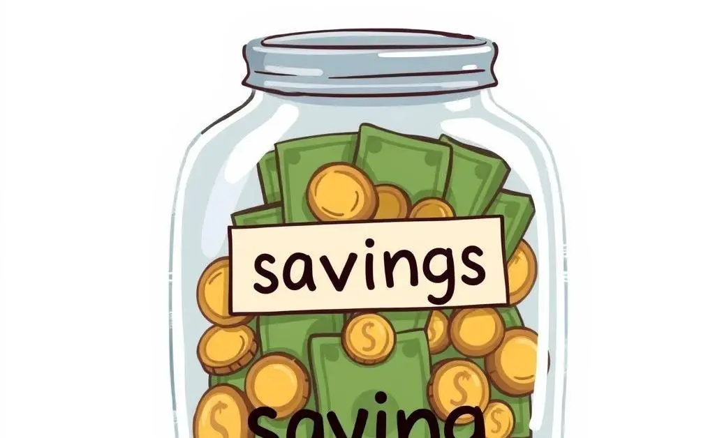 A cartoon of a glass jar filled with cash and coins labeled 'savings'