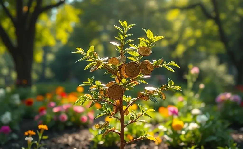 A small tree with money growing on it in a garden setting.