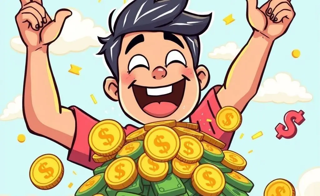 A fun depiction of someone celebrating cash-back rewards in a lighthearted cartoon style