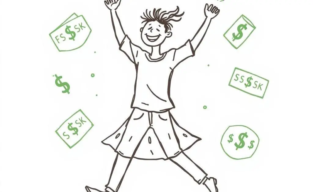 Person joyfully dancing with cashback symbols around them