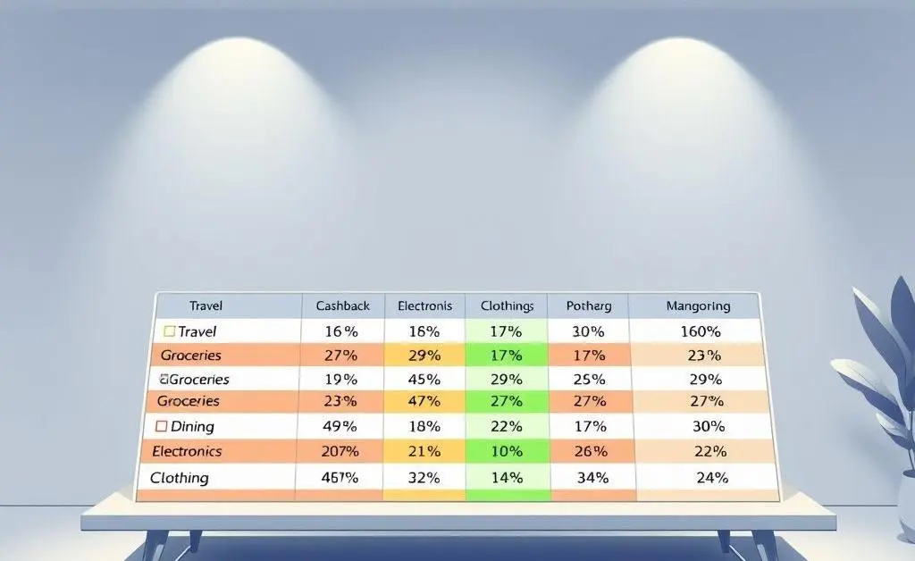Illustration of a table showing various cashback rates for different spending categories