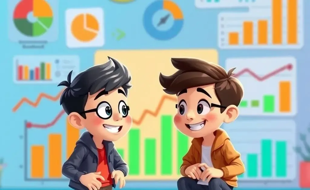 Cartoon characters discussing financial goals with charts