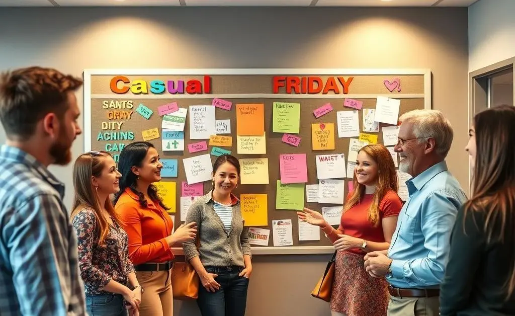 Employees discussing company updates on casual Friday