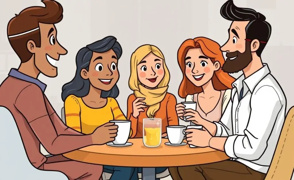 Diverse group of friends discussing investments over coffee.