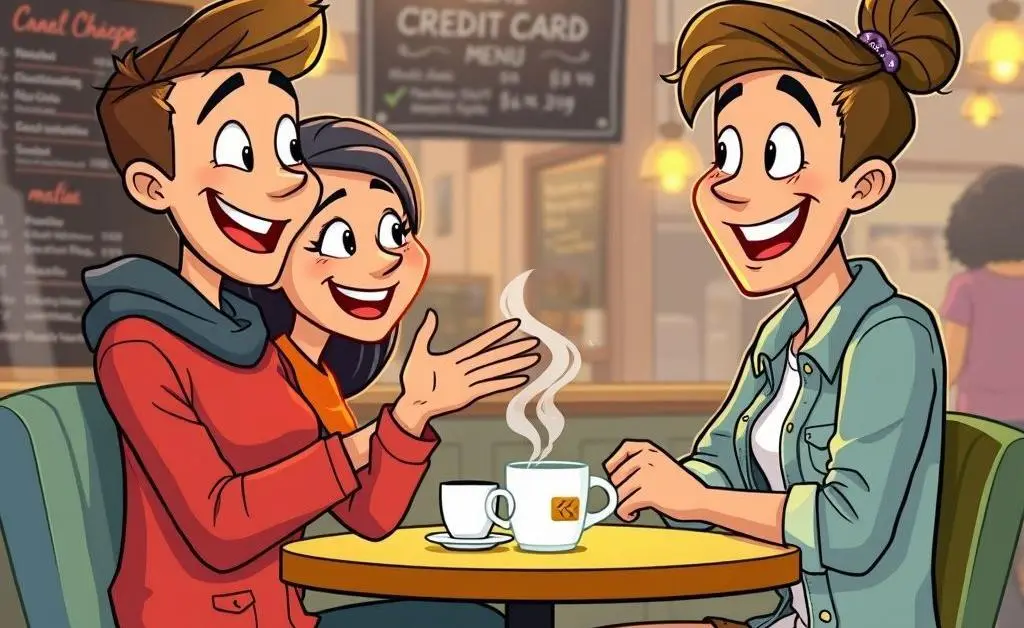 Two friends discussing credit card rewards over coffee