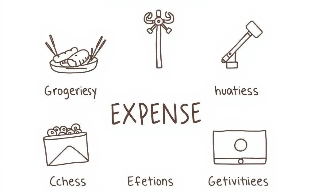 Hand-drawn style image of different expense categories like groceries, utilities, and entertainment represented by icons.