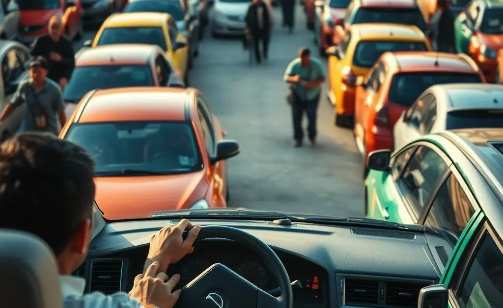 A driver cautiously navigating through a crowded parking lot.