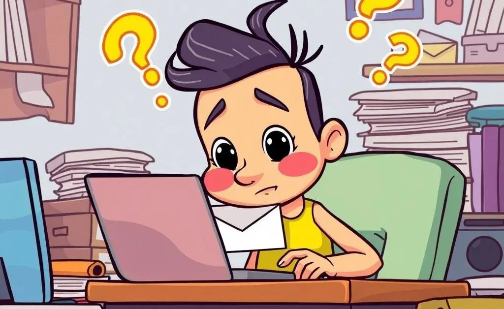 Cartoon person reading and evaluating an email with question marks around them.
