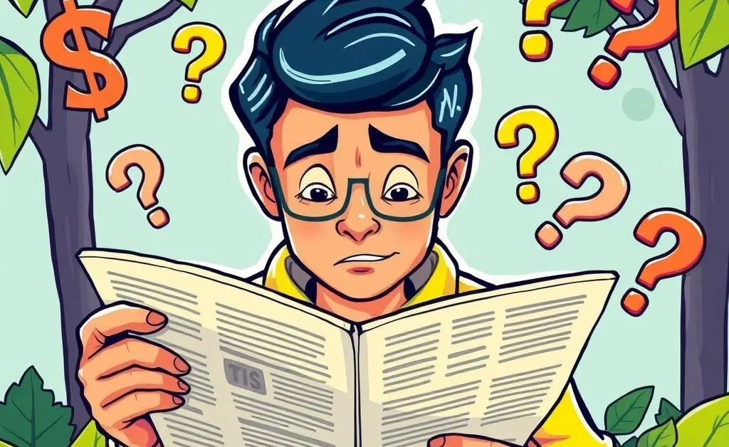 Cartoon of a person reading financial news with floating dollar signs and question marks.