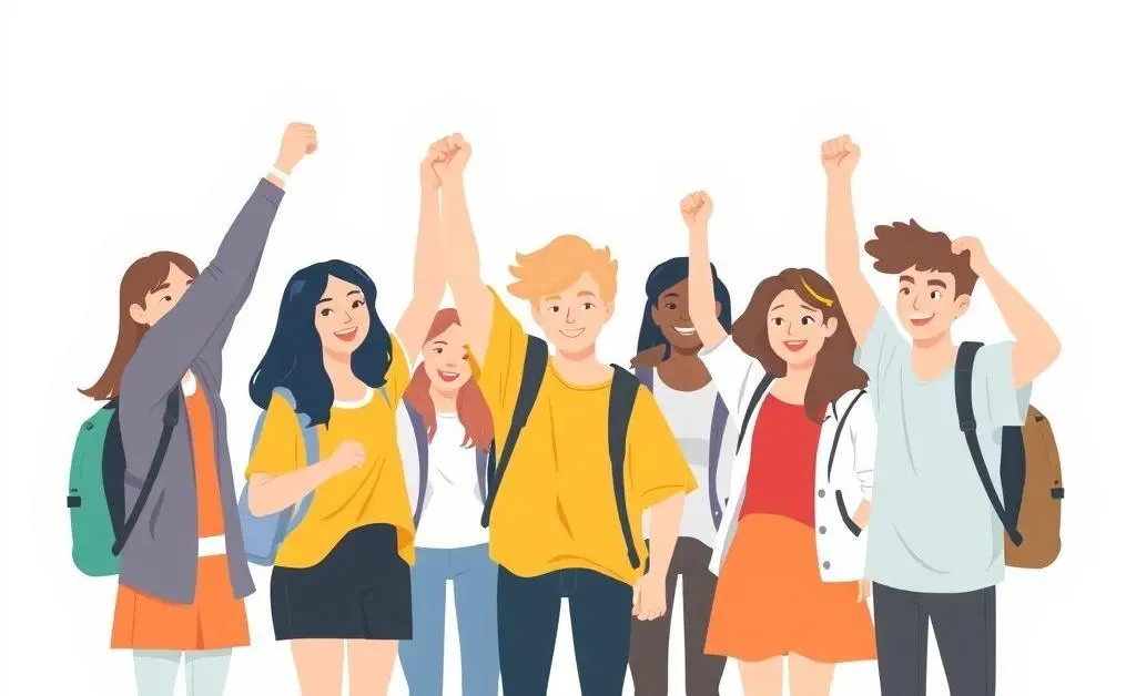 Students celebrating their academic achievements with fist pumps and high-fives