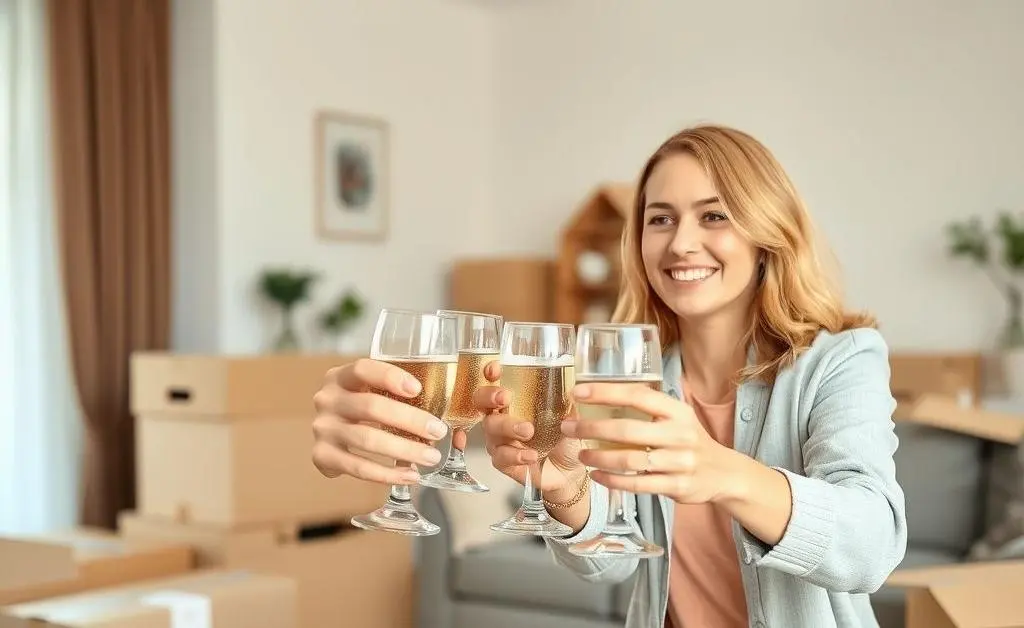 Happy couple celebrating in their new living room