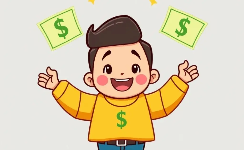 A cartoon person celebrating financial achievement, symbolizing improved credit score.