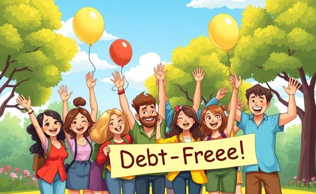 A joyful, cartoon-style group celebrating the completion of a debt-free journey in a park.