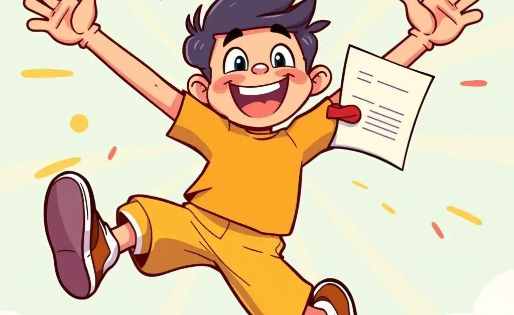 A cartoon-style person jumping in the air with excitement of passing an exam, holding a certificate.