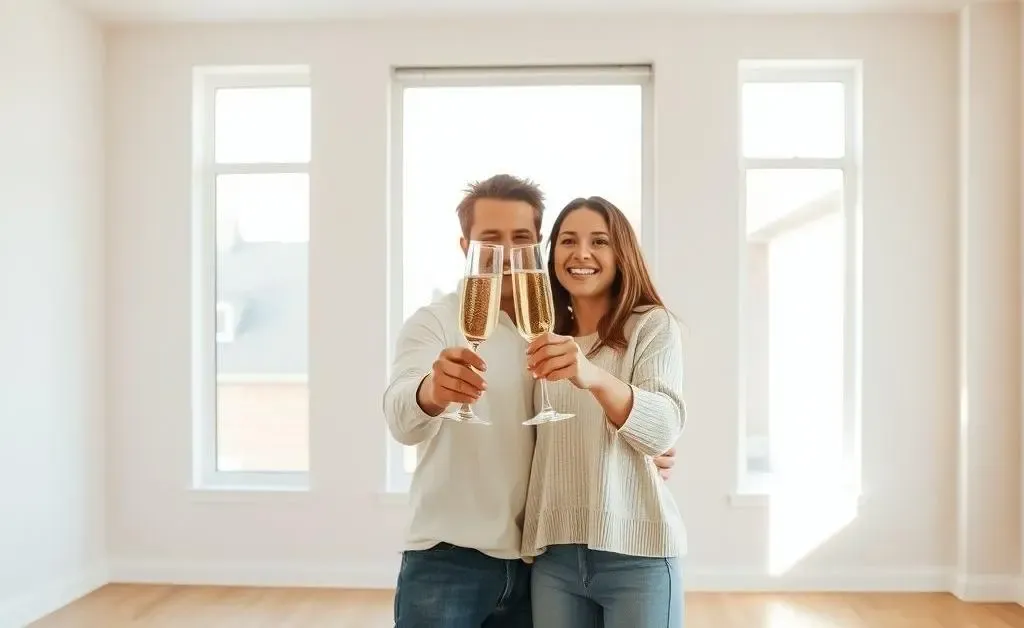 A couple celebrating with champagne in their unfurnished new living room.