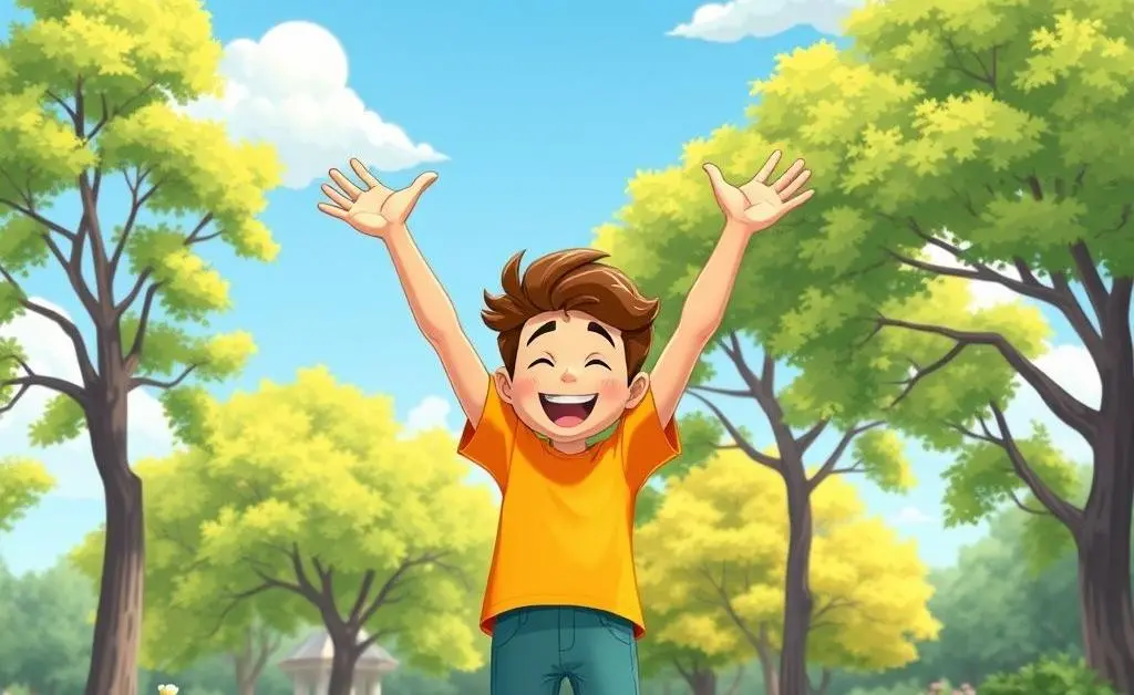 A joyous cartoon scene of a person celebrating their newfound freedom in a park.