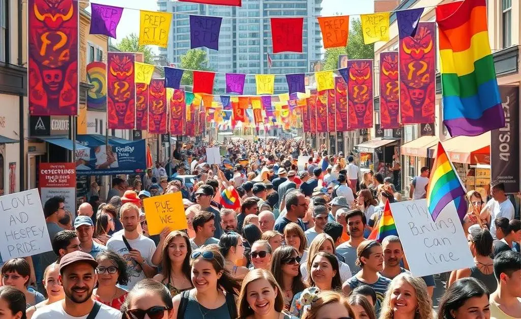 Diverse individuals celebrating with symbols of pride and acceptance.