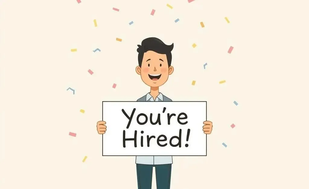 Someone holding a 'You're Hired!' sign with confetti around